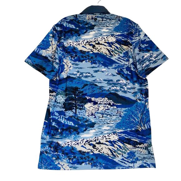 Greyson Polo Shirt Men L Blue Mountains Print Performance Golf Activewear Preppy - Picture 2 of 8